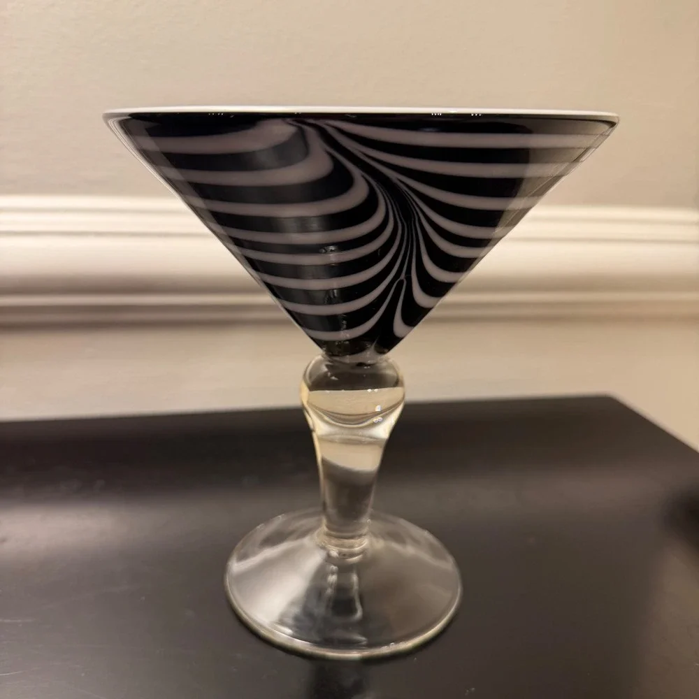 Murano Hand Blown Art Glass Zebra Swirl Avici Martini Glass Black White XL VTG